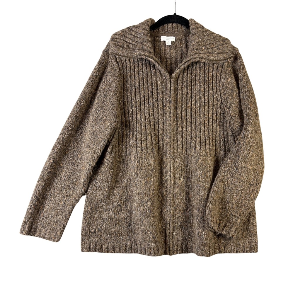 Charter Club Woman Brown Marled Full Zip Ribbed Cardigan Sweater 3X Wool Blend